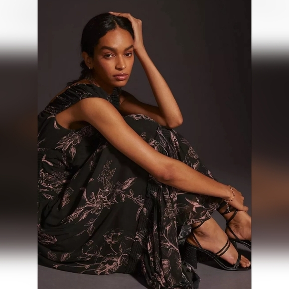 Anthropologie Black Floral Ruched Viscose, Modal Dress Long Midi Medium - Picture 9 of 14